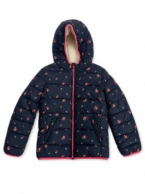 Gap Kids Girls Large 10 Floral Puffer Jacket Sherpa Lined Hood Navy Pink